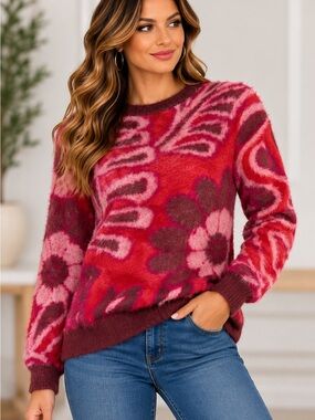 Tahari Red and Pink Floral Crewneck Sweater 100% nylon